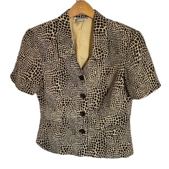 Silk Short Sleeve Jacket Blazer Top - Giraffe Print - Vintage - Size Large - Picture 1 of 4